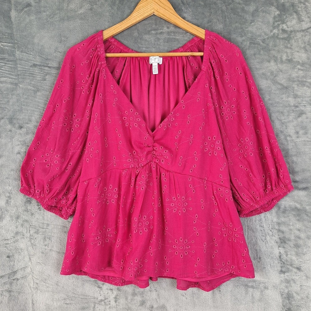 Womens Top XXXL Pink Boho Floral Eyelet Cottagecore Babydoll Milkmaid Peasant